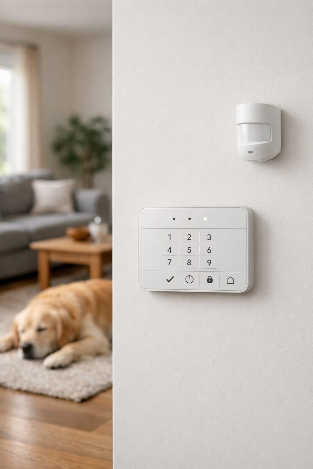 Clavier d’alarme design et détecteur de mouvement dans un salon moderne et lumineux, avec un chien Golden Retriever reposant paisiblement en arrière-plan