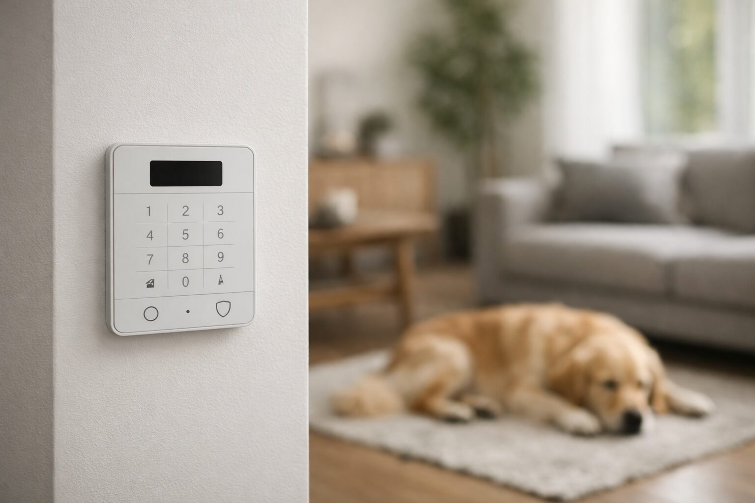 Clavier d'alarme design installé sur un mur blanc dans un intérieur moderne, avec un chien allongé sur un tapis en arrière-plan, lumière du jour douce